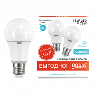 Лампа Gauss Elementary A60 11W 840lm 4100K E27 (2 лампы в упаковке) LED 1/50
